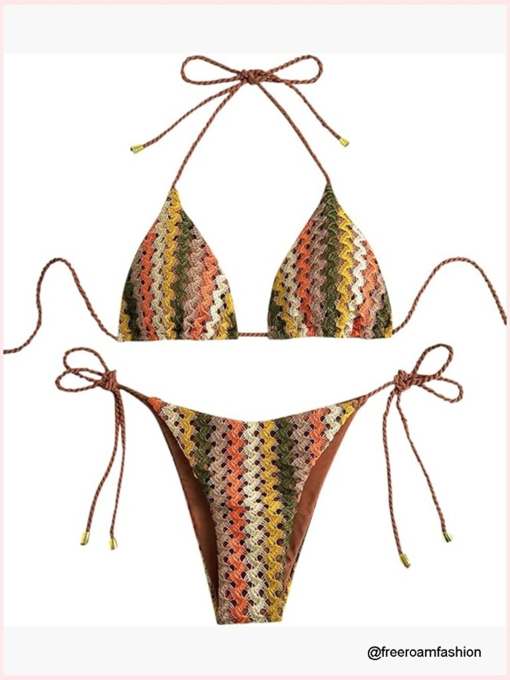 Adjustable Triangle Bikini Set with Knitted Rope Halter and Tie-Side Thong